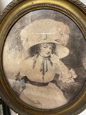 Lot 1890 - Group of 18th century engravings, including pair of female subjects in oval gadrooned brass frames, 25 x 21cm, 3 various others