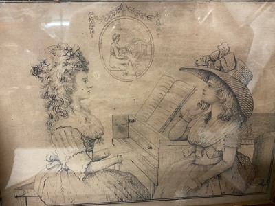 Lot 1890 - Group of 18th century engravings, including pair of female subjects in oval gadrooned brass frames, 25 x 21cm, 3 various others
