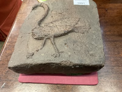 Lot 1891 - Pair of ancient relief moulded tiles, each with raised bird, 19 x 21cm