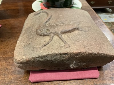 Lot 1891 - Pair of ancient relief moulded tiles, each with raised bird, 19 x 21cm