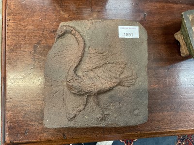 Lot 1891 - Pair of ancient relief moulded tiles, each with raised bird, 19 x 21cm