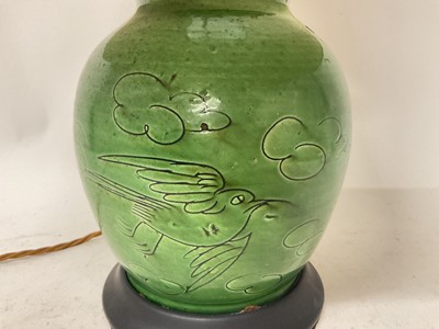 Lot 1897 - Chinese green glazed ginger jar, converted to a lamp, with incised ornament, 24cm high, with shade