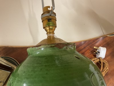 Lot 1897 - Chinese green glazed ginger jar, converted to a lamp, with incised ornament, 24cm high, with shade