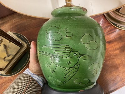 Lot 1897 - Chinese green glazed ginger jar, converted to a lamp, with incised ornament, 24cm high, with shade