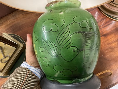 Lot 1897 - Chinese green glazed ginger jar, converted to a lamp, with incised ornament, 24cm high, with shade