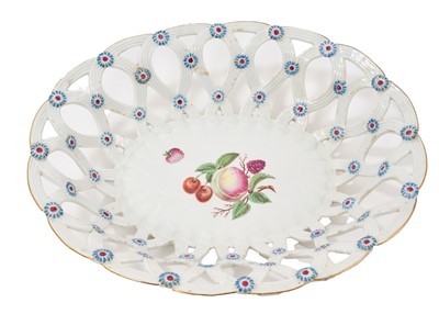 Lot 50 - Chelsea pierced oval basket, painted with fruits, circa 1760