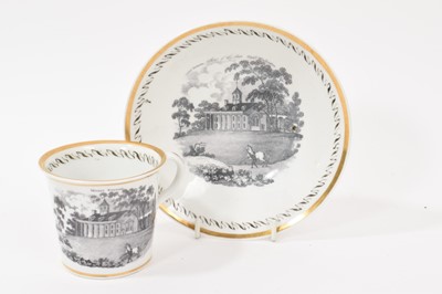 Lot 289 - Unusual English porcelain coffee can and saucer, of American Interest, printed with ‘Mount Vernon, Seat of the late Genl Washington’, circa 1815