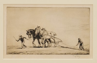 Lot 1105 - George Soper (1870-1942) signed etching - Harrowing, 16.5cm x 26.5cm, in glazed frame