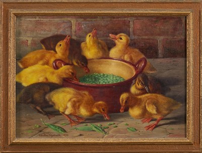 Lot 1022 - Valentine Thomas Garland (1868-1914) oil on canvas - 'Peas for Breakfast', signed and dated 1893, 25cm x 35cm, in gilt frame