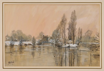 Lot 195 - *John Doyle (b.1928) watercolour - 'Eton College from Masters Boathouse under Snow', signed, artist's label verso dated 1986, 31cm x 47cm, in glazed gilt frame