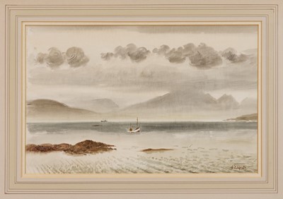 Lot 1064 - *Roland Vivian Pitchforth (1895-1982) watercolour - Fishing Boat on a Loch, signed, 29cm x 45cm, in glazed gilt frame