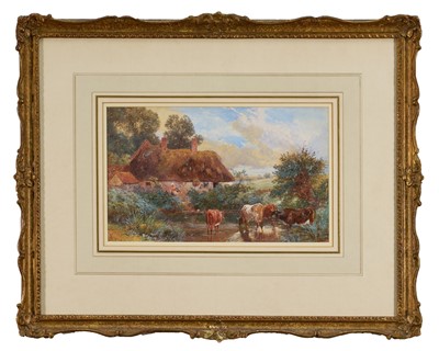 Lot 1042 - Myles Birket Foster (1825-1899) watercolour - Cattle Watering before a Cottage, monogrammed, 18cm x 28.5cm, in glazed gilt frame