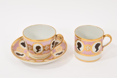Lot 54 - Coalport trio, unusually painted with profile silhouettes, on a pink ground, circa 1805, pattern number 360