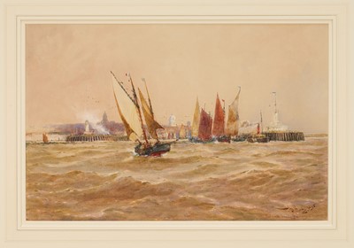 Lot 1061 - Thomas Bush Hardy (1842-1897) watercolour - 'Fishing boats leaving Boulogne', signed and dated '95, 32cm x 49cm, in glazed gilt frame