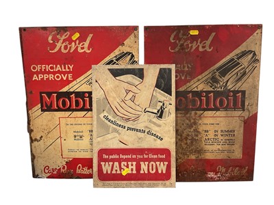 Lot 2937 - Collection of five original tin advertising signs, including four for Mobil Oil and one for the British Tourist Board Hygiene Scheme, (5).