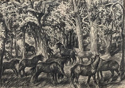 Lot 234 - Anton Lock (1893-1970) conté, ‘Passing through the Forest’, signed and dated