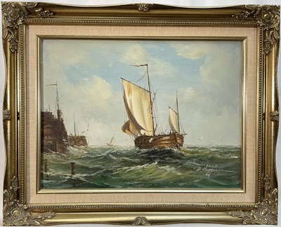 Lot 347 - D. Higginson (Contemporary) oil on canvas, boats off the coast, 30cm x 40cm, gilt frame