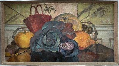Lot 83 - 20th century English School oil on board, large still life, signed Hall, 67cm x 124cm, labels verso, framed