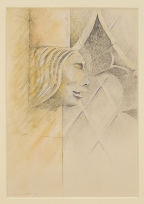 Lot 1119 - *Caroline McAdam Clark (b.1947) pencil and wash, Snape Church south window male profile, signed and dated 1985, 45cm x 32cm, glazed frame