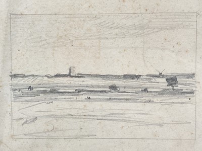 Lot 1150 - Attributed to Leonard Squirrell (1893-1979), pencil sketch, landscape with Martello tower and windmill, 20cm x 17cm, mounted in glazed frame