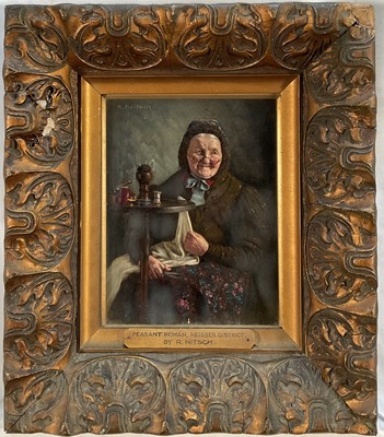 Lot 219 - Richard Nitsch (1866-1945) oil on panel, peasant woman seated sewing, signed, in gilt frame. 19 x 14cm.