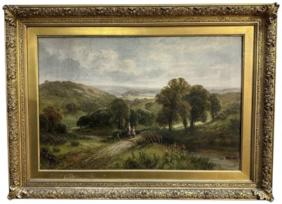 Lot 1132 - Frederick Carlton act. 1895-1899, oil on canvas, extensive country scene with children on a bridge over a stream in the foreground, signed, in original gilt frame. 50 x 75cm.                    ...
