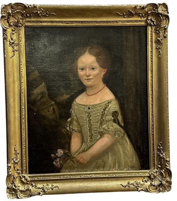 Lot 1133 - English School, early 19th century, oil on canvas, young lady standing in a landscape holding a posy of flowers, in gilt frame. 60 x 50cm