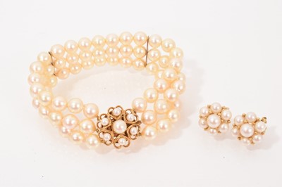 Lot 527 - Cultured pearl three strand bracelet with 9ct gold and cultured pearl clasp, together with a pair of 9ct gold cultured pearl flower head earrings