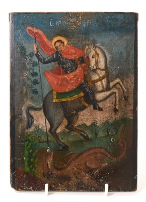 Lot 938 - 19th century Greek icon depicting George and the Dragon