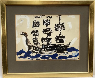 Lot 241 - Predrag Milosavljavic (1908-1987) mixed media, a Pirate ship, 16cm x 23cm, glazed frame
