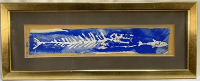 Lot 242 - Predrag Milosavljavic (1908-1987) mixed media with tempera, Fish, 6cm x 28cm, glazed frame