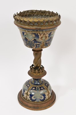Lot 304 - Doulton stoneware and brass pedestal rose bowl
