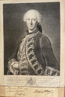 Lot 202 - 18th century mezzotint The Rt. Hon Wm. Henry Earl of Rochford, together with his signature and that of Horace St Paul