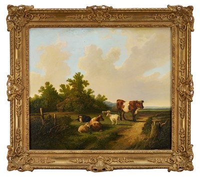 Lot 1099 - Andre De Moller (b.1942) oil on canvas - Livestock in an Arcadian Landscape, 60cm x 70cm, in gilt frame