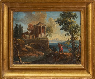 Lot 1037 - Attributed to Marco Ricci (1676-1730) oil on canvas - Classical Temple Ruins, Mount Vesuvius and the Bay of Naples beyond, 19cm x 25cm, in gilt frame