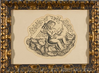 Lot 1050 - John Austen (1886-1948) pen and ink illustration - Aphrodite with broken arrow, signed, 20cm x 23cm, in shaped mount and glazed gilt frame