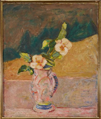Lot 1049 - *Henryk Gotlib (1892-1966) oil on canvas - 'Magnolias in a Jug', signed, labels verso, 61cm x 51cm, framed
