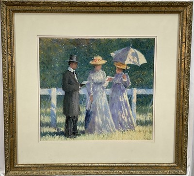 Lot 195 - Manner of Sheree Valentine Daines, pastel, figures at the races, indistinctly signed