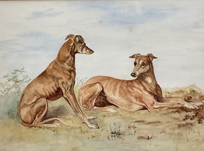 Lot 232 - Manner of Molly Latham (1900-1987) watercolour - Two Greyhounds, in glazed gilt frame, together with a landscape print (2)