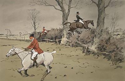Lot 1146 - *Snaffles, Charles Johnson Payne (1884-1967) hand-coloured print - The Oxer, 49cm x 68cm, in glazed frame