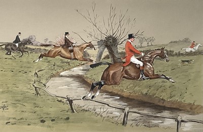 Lot 1147 - *Snaffles, Charles Johnson Payne (1884-1967) hand-coloured print - The Whissendine brook runs deep and wide, published by Messrs Fores, 50cm x 67cm, in glazed frame