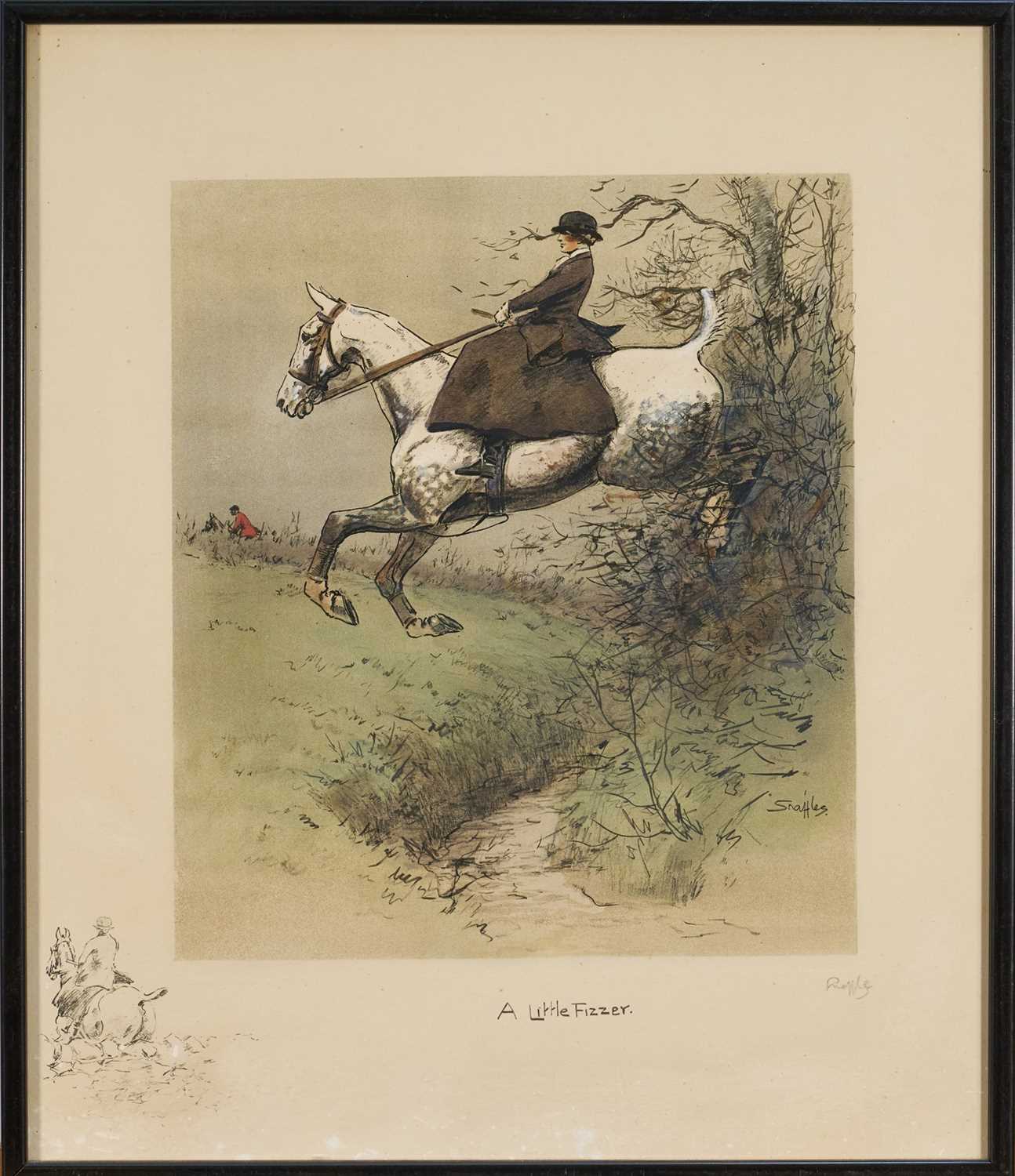 Lot 1151 - *Snaffles, Charles Johnson Payne (1884-1967) hand-coloured print - A Little Fizzer, with snaffle blindstamp, 45cm x 38cm, in glazed frame