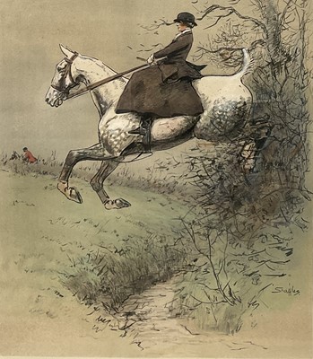 Lot 1151 - *Snaffles, Charles Johnson Payne (1884-1967) hand-coloured print - A Little Fizzer, with snaffle blindstamp, 45cm x 38cm, in glazed frame