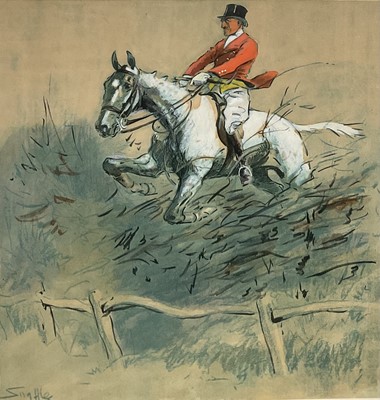 Lot 1152 - *Snaffles, Charles Johnson Payne (1884-1967) signed hand-coloured print - Swagger, but a workman, with snaffle blindstamp, 42cm x 37cm, in glazed frame