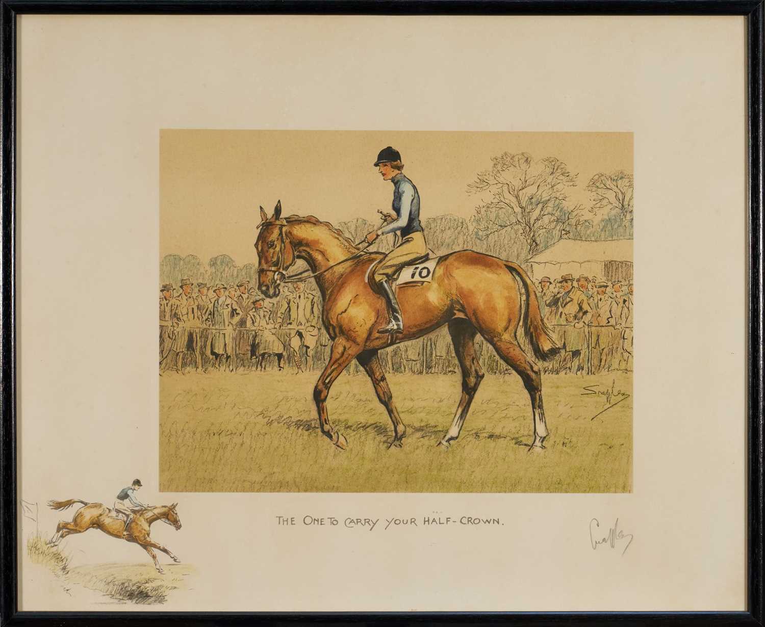 Lot 1156 - *Snaffles, Charles Johnson Payne (1884-1967) signed hand-coloured print - The one to carry your half crown, 45cm x 55cm, in glazed frame
