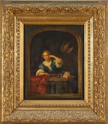 Lot 1059 - After Gerrit Dou (1613-1675) oil on panel, 18th / 19th century - Woman at a Window, 28cm x 22cm, in gilt frame