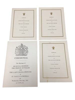 Lot 100 - The Marriage of H.R.H. The Prince of Wales to Lady Diana Spencer, 29th June 1981, four Orders of Service and two Ceremonials and Wedding Breakfast seating plan (7)