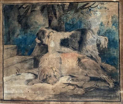 Lot 229 - Unusual Victorian velvet panel depicting two dogs in landscape, 34cm x 40cm, in gilt frame