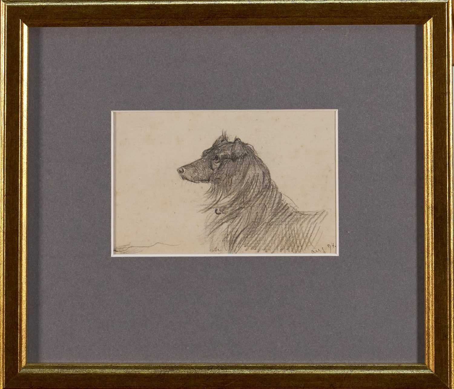 Lot 1014 - *Lucy Kemp-Welch (1869-1958) pencil drawing - A Collie, dated Aug. '94, 7cm x 11cm, in glazed gilt frame. NB: From an 1894 album of drawings and oils which was a gift from Lucy and her si...