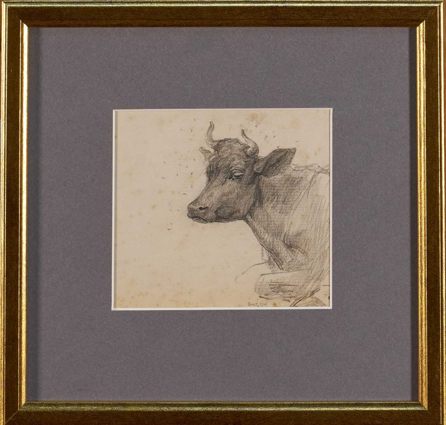 Lot 1012 - *Lucy Kemp-Welch (1869-1958) pencil drawing - A Cow, 'Bored Indifference', dated Aug. '94, 10cm x 11cm, in glazed gilt frame. NB: From an 1894 album of drawings and oils which was a gift...